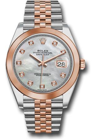 Replica Rolex Steel and Everose Gold Rolesor Datejust 41 Watch 126301 Smooth Bezel Mother-of-Pearl Diamond Dial Jubilee Bracelet
